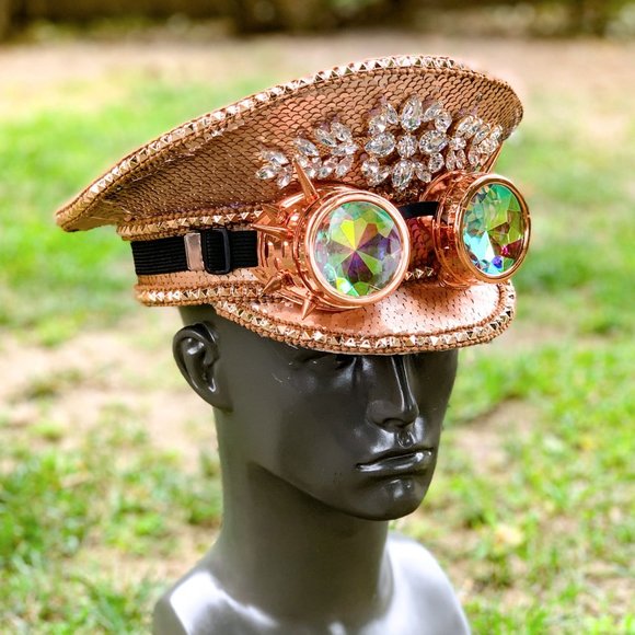 Pink Steampunk Burning Man Captain Hat & Goggles Music Festival Party Costume - Picture 3 of 4